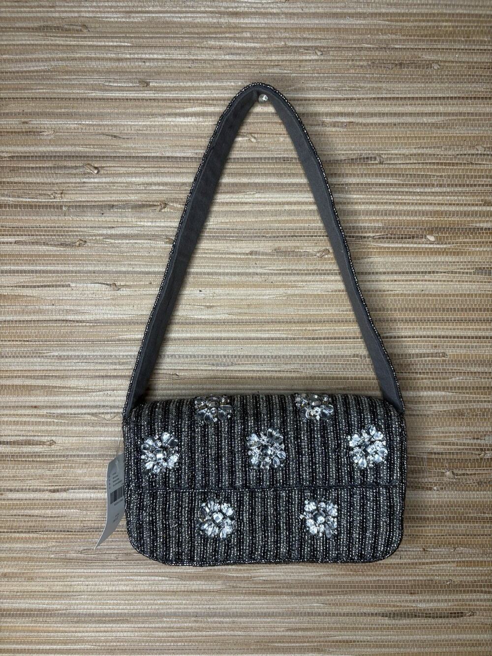 NWT Anthropologie Fiona Beaded Bag Geometric Edition Black & Silver